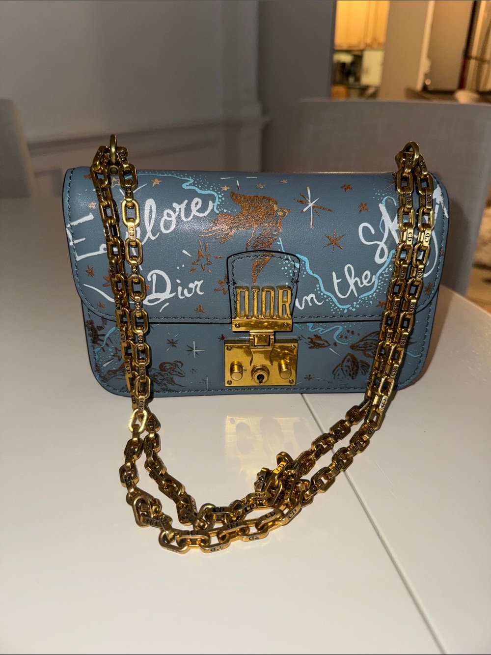 Dior Gray-Blue Leather Crossbody Bag with Gold Chain - Picture 1 of 4